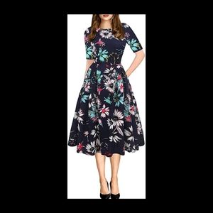 Vintage Patchwork Pockets Puffy Swing Casual Dress